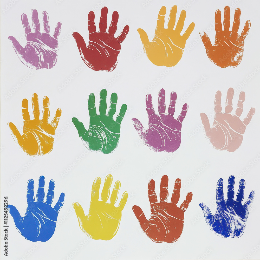 Fototapeta premium A colorful display of 12 handprints in various hues, artistically arranged in a grid, symbolizing diversity and creativity.