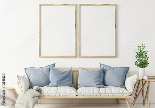 A minimalistic living room with a white sofa. two empty frames on the wall. a side table. and a plant