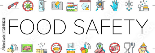 food safety hygiene inspection icons set vector. contamination inspection, regulation bacteria, pathogens allergens, contamination food safety hygiene inspection color line illustrations