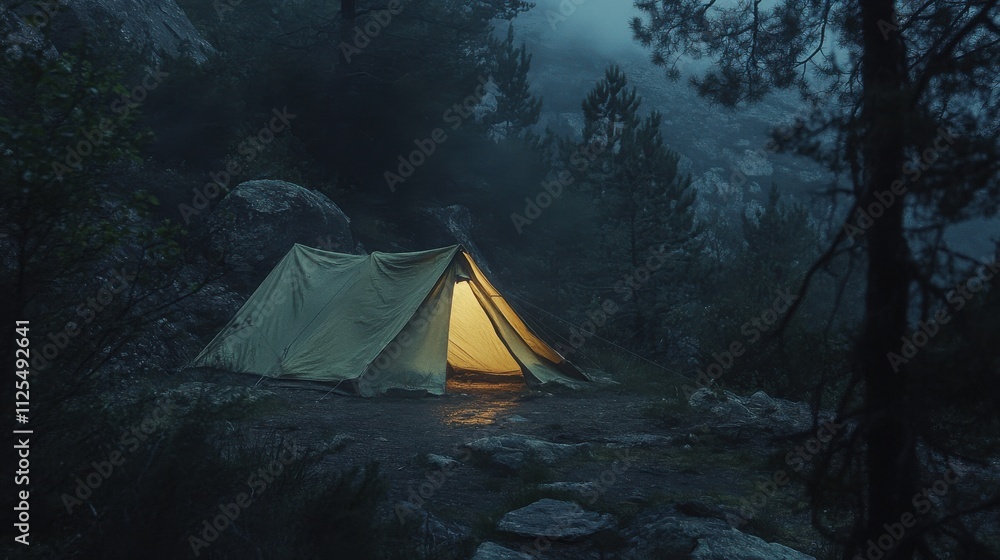 Illuminated tent in misty forest at night. (1) Illuminated tent in misty forest at night. (1)