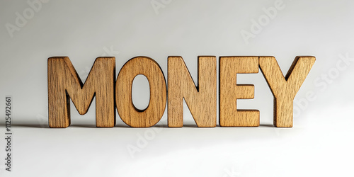 Wooden text "MONEY" against light backdrop. Business, finance and profit concept