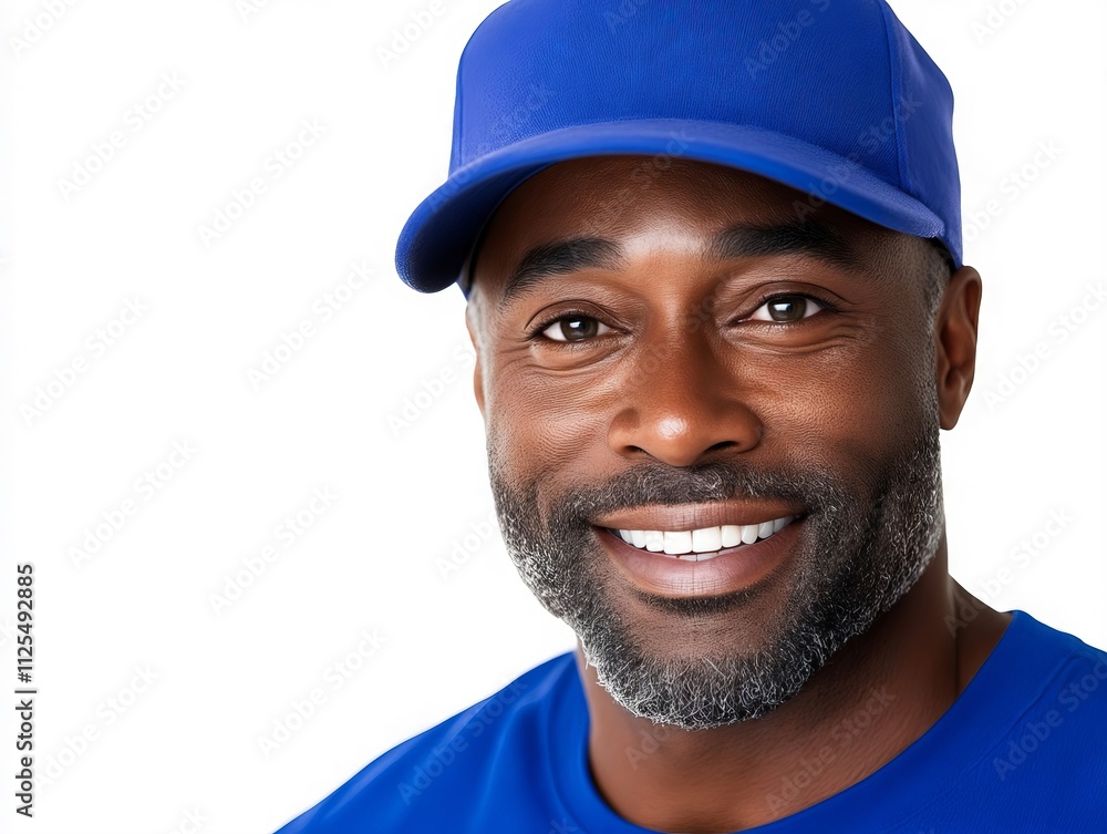 A man wearing a blue baseball cap smiles at the camera A man wearing a blue baseball cap smiles at the camera