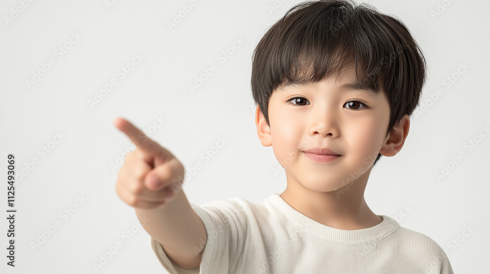 young boy with dark hair is pointing forward young boy with dark hair is pointing forward