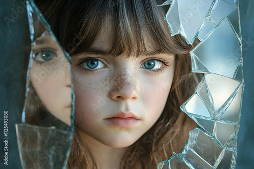 Young girl with a troubled expression, staring into a fragmented mirror