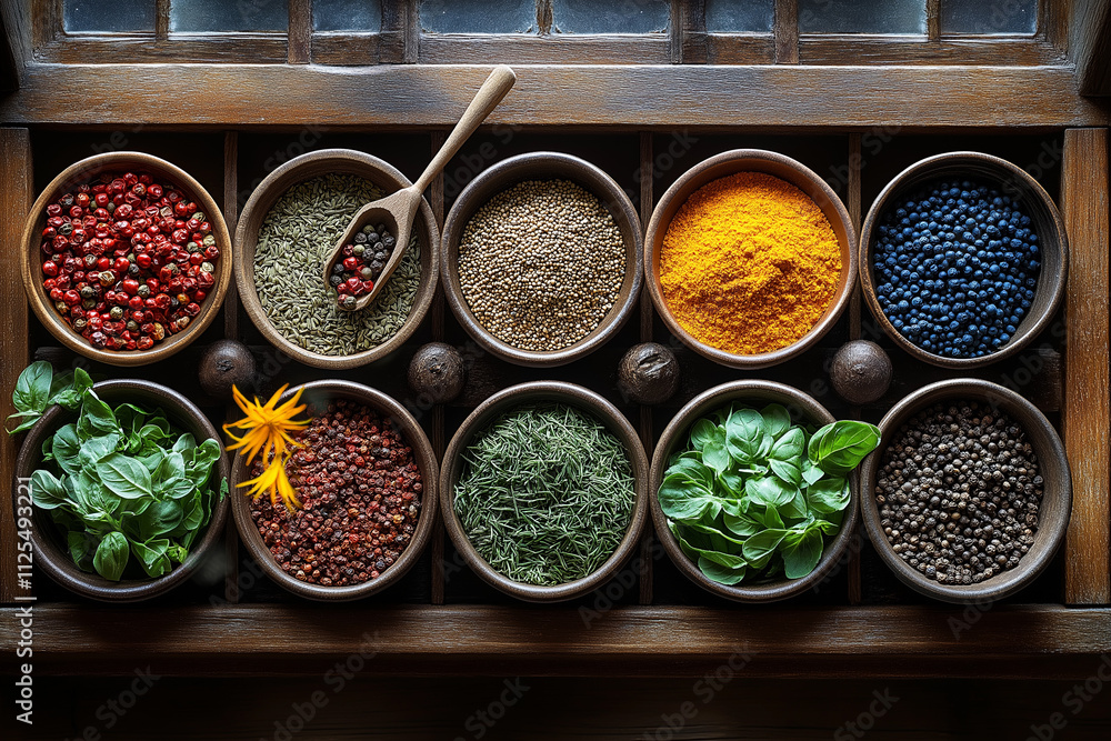 A variety of spices and herbs in a wooden stand. A variety of spices and herbs in a wooden stand.