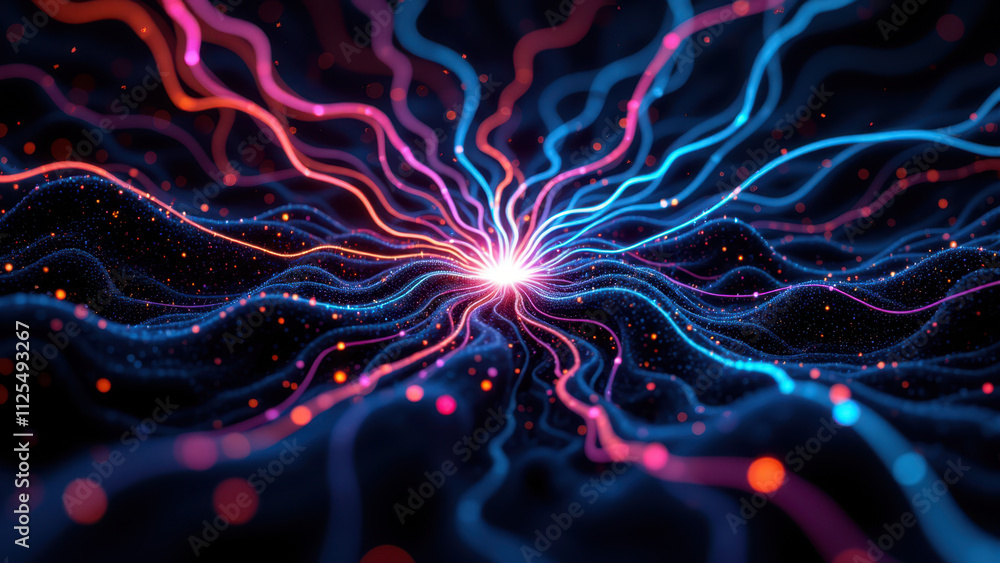 Fototapeta premium A visual representation of a network or data flow with abstract shapes and vibrant colors, illustrating concepts such as artificial intelligence and neural networks.