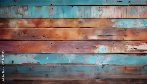 Close-up of rustic wooden planks featuring weathered, peeling paint and detailed natural wood texture. Ideal for backgrounds, design, and rustic-themed projects, evoking aged charm and natural warmth. photo