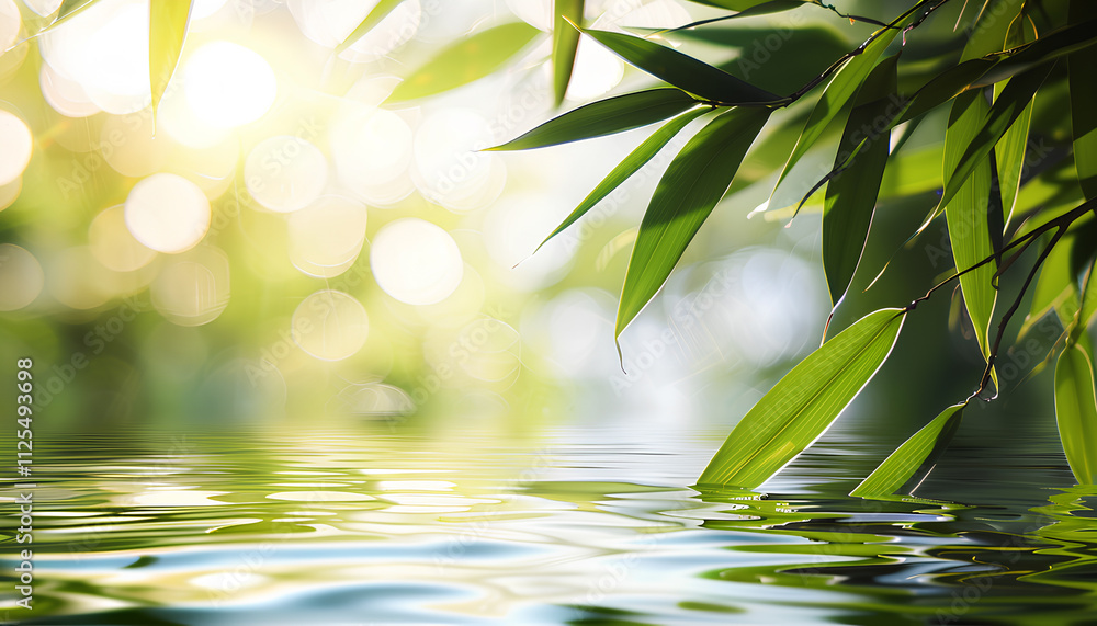 Obraz premium spa background banner with green bamboo leaf on white transparent water wave in sunlight, beautiful concept wallpaper with copy space