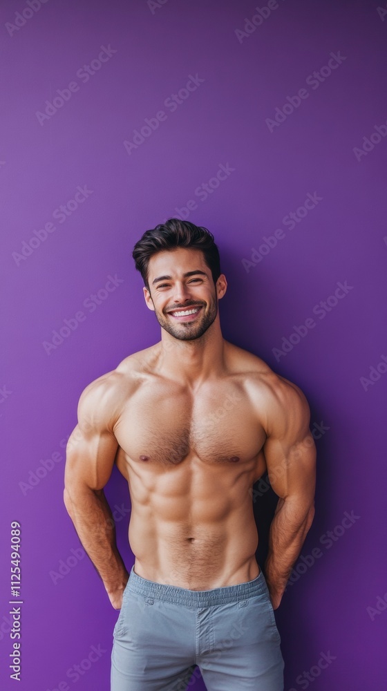 Fototapeta premium muscular shirtless man on purple background with copy space vertically 9:16