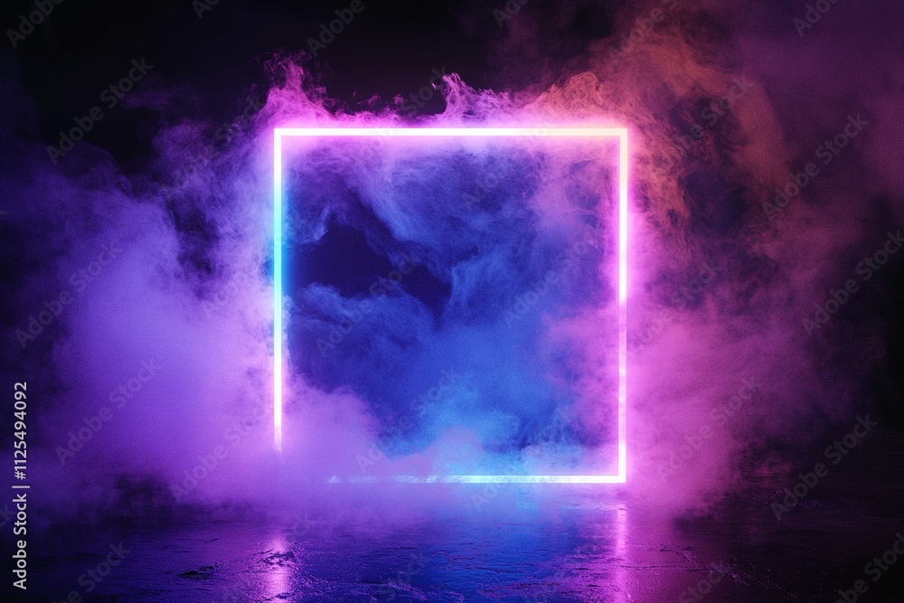 Glowing neon rectangle amidst swirling smoke, soft reflections, purple and blue lighting Glowing neon rectangle amidst swirling smoke, soft reflections, purple and blue lighting