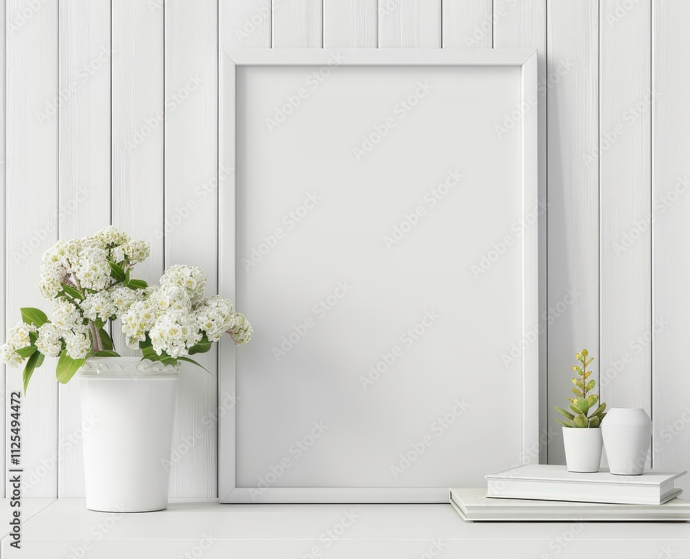 White frame mockup with white flowers and books on a white wooden wall White frame mockup with white flowers and books on a white wooden wall