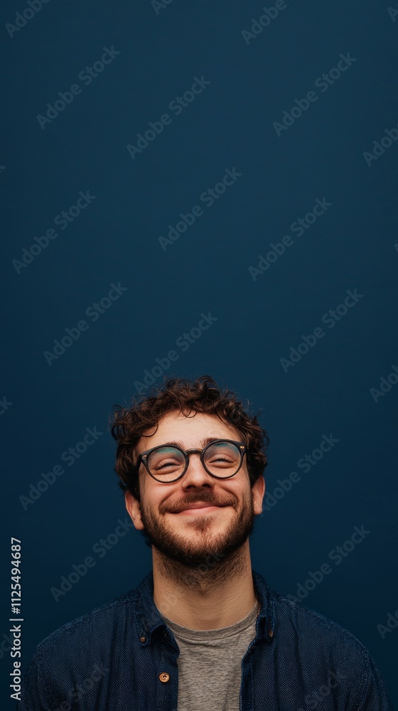 Obraz premium nerdy man with glasses smiling at camera on dark blue background with copy space vertically 9:16