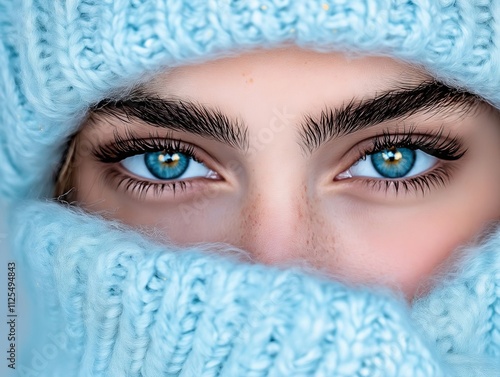 A close up of a woman's face with blue eyes wearing a blue hat photo