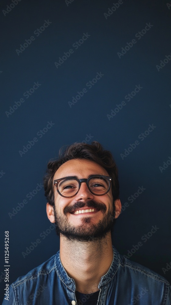 Obraz premium nerdy man with glasses smiling at camera on dark blue background with copy space vertically 9:16