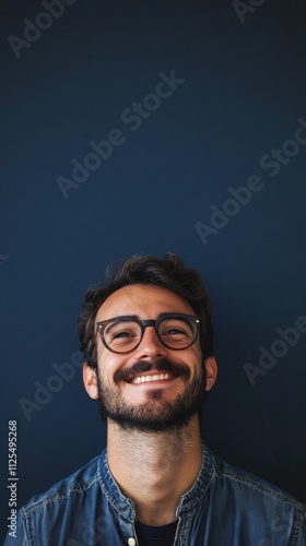 nerdy man with glasses smiling at camera on dark blue background with copy space vertically 9:16