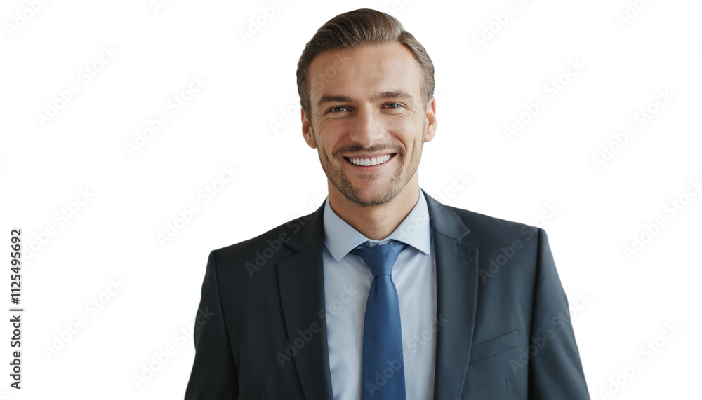 man in a dark suit and tie, smiling over a transparent background