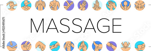 massage therapy relaxation icons set vector. wellness healing, therapy stress, tension, rejuvenation holistic, bodywork, spa massage therapy relaxation color line illustrations