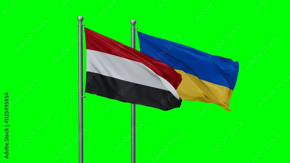 Ukraine and Yemen flags flying together, video concept of the relationship with colored chroma key for easy background remove Ukraine and Yemen flags flying together, video concept of the relationship with colored chroma key for easy background remove