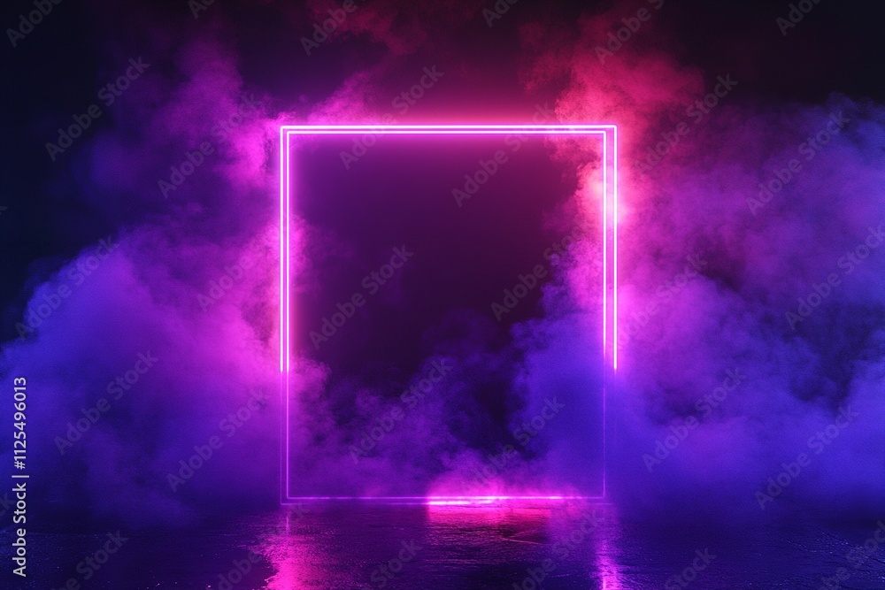 Glowing neon rectangle amidst swirling smoke, soft reflections, purple and blue lighting Glowing neon rectangle amidst swirling smoke, soft reflections, purple and blue lighting