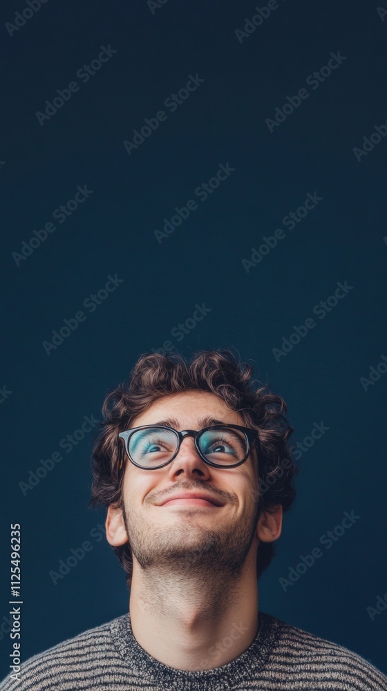 Obraz premium nerdy man with glasses smiling at camera on dark blue background with copy space vertically 9:16