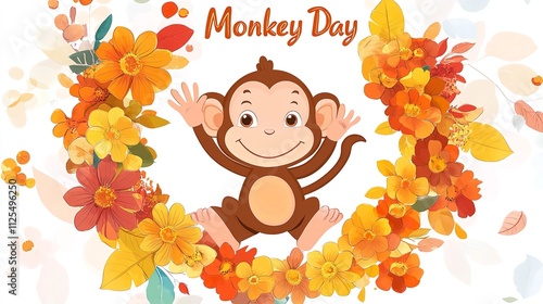 Smiling Cartoon Monkey Waving Inside a Floral Wreath with Vibrant Flowers and 'Monkey Day' Text photo