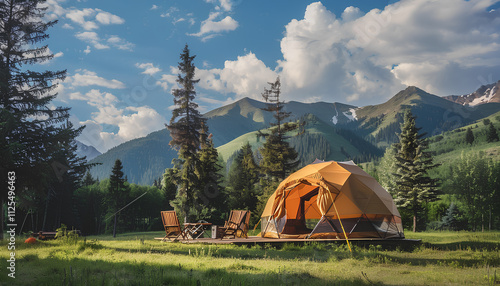 big brown dome camping tent in a green grass with trees and mountains. Taken in an afternoon with a clear blue sky with white clouds. There're chairs, table and camping equipments nearby