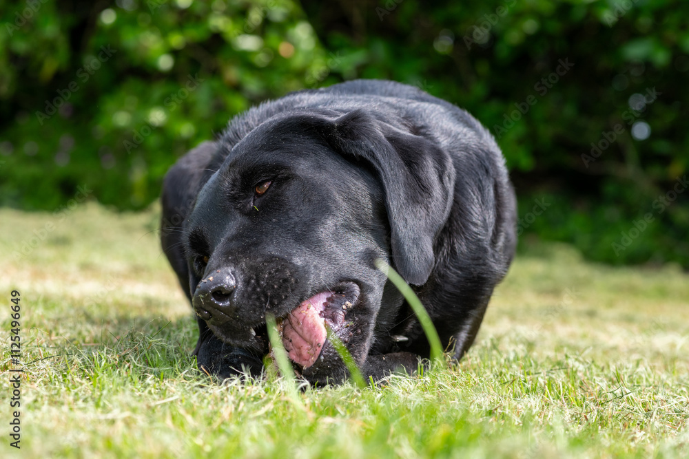 Portrait of a cute black Labrador chewing a stick Portrait of a cute black Labrador chewing a stick
