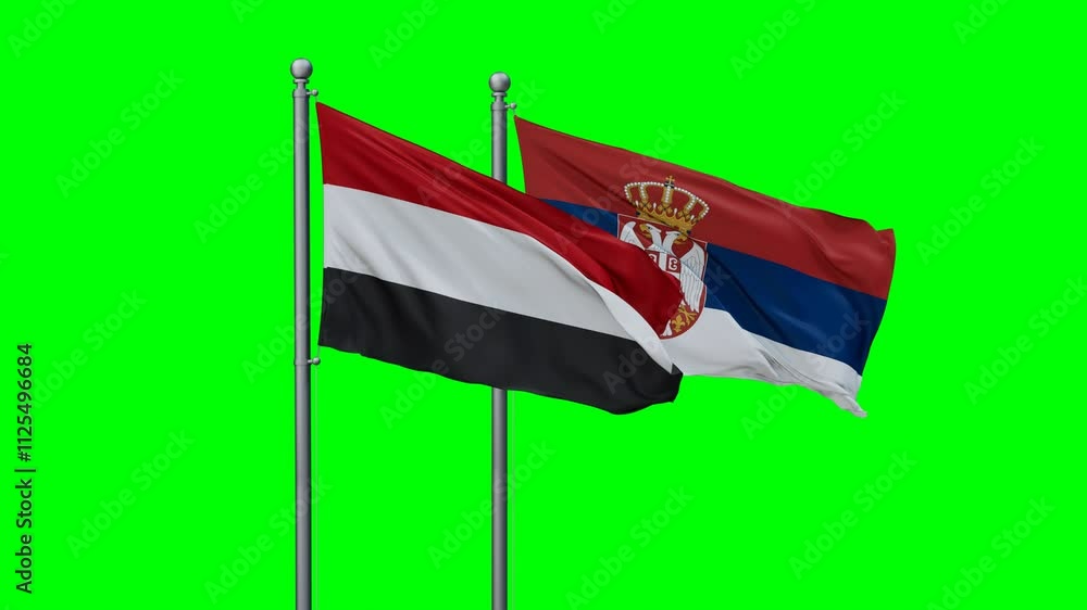 Republic of Serbia and Yemen flags flying together, video concept of the relationship with colored chroma key for easy background remove, two country cooperation concept Republic of Serbia and Yemen flags flying together, video concept of the relationship with colored chroma key for easy background remove, two country cooperation concept