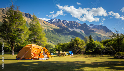 big brown dome camping tent in a green grass with trees and mountains. Taken in an afternoon with a clear blue sky with white clouds. There're chairs, table and camping equipments nearby