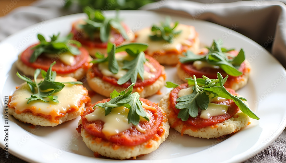 Mini homemade pizzas topped with cheese and arugula on a white plate, fresh and appetizing, cauliflower crust Mini homemade pizzas topped with cheese and arugula on a white plate, fresh and appetizing, cauliflower crust
