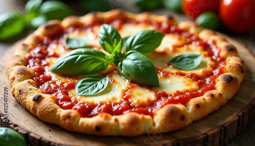 Freshly baked Margherita pizza topped with basil leaves and mozzarella on a wooden board, cauliflower crust,  photo