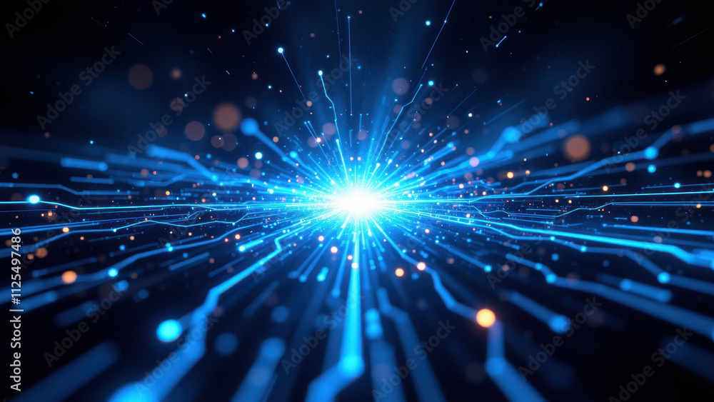 Fototapeta premium Abstract digital explosion with blue light bursts for a high-tech or futuristic theme.
