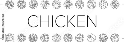 chicken dishes roast grilled icons set vector. fried baked, barbecue teriyaki, curry, casserole parmesan, piccata marsala, tandoori chicken dishes roast grilled black contour illustrations