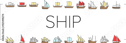 ancient ship maritime vessel icons set vector. navigation exploration, trade archaeology, discovery seafaring, shipwreck galleon ancient ship maritime vessel color line illustrations