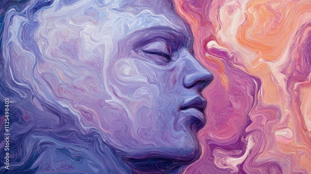 Abstract Portrait of Serene Face in Vibrant Swirls of Purple and Orange Hues Abstract Portrait of Serene Face in Vibrant Swirls of Purple and Orange Hues
