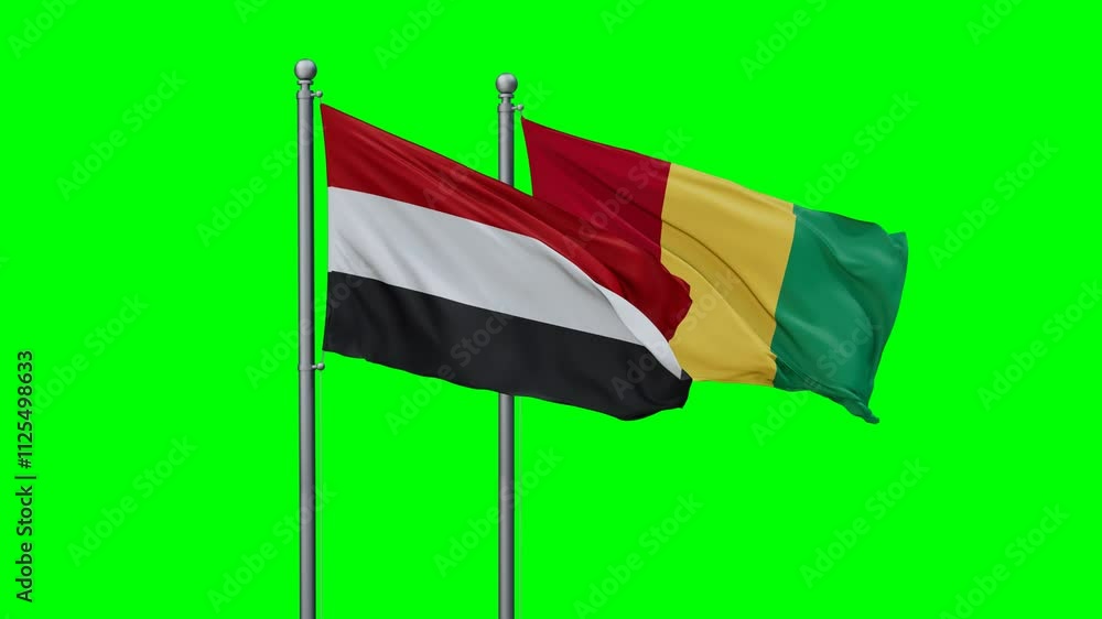 Republic of Guinea or Guinea-Conakry and Yemen flags flying together, video concept of the relationship with colored chroma key for easy background remove Republic of Guinea or Guinea-Conakry and Yemen flags flying together, video concept of the relationship with colored chroma key for easy background remove