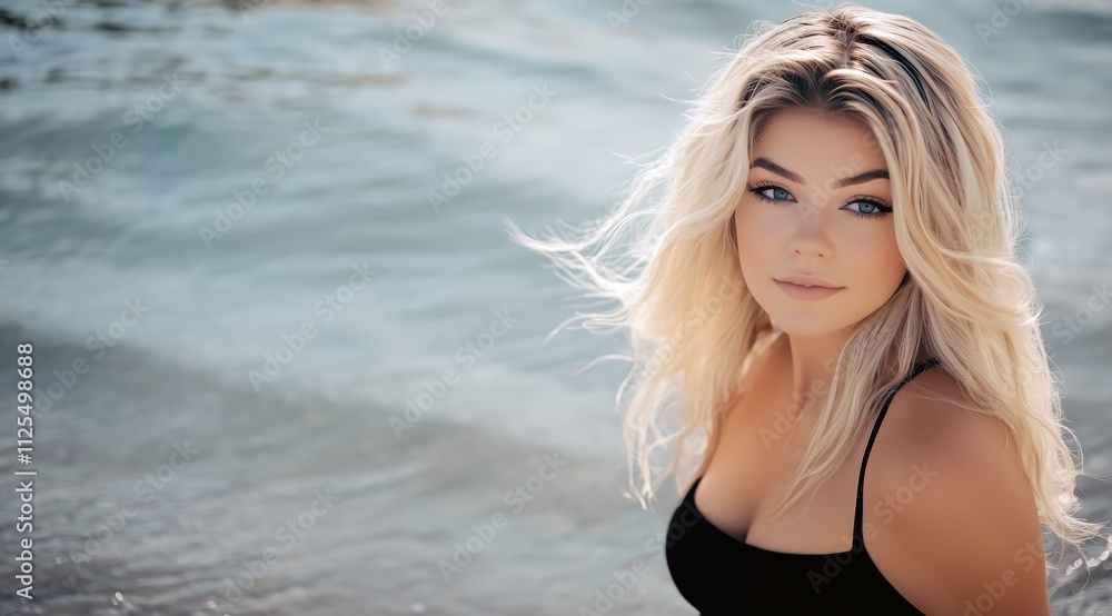 Une femme blonde âgée de 20 ans sur la plage, portant un short en jean et un débardeur noir. Une femme blonde âgée de 20 ans sur la plage, portant un short en jean et un débardeur noir.
