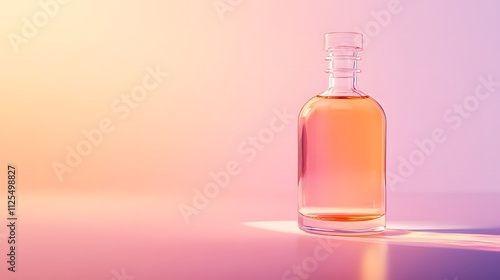 A glass bottle filled with a pink liquid, illuminated with soft gradient lighting.