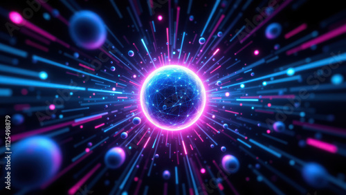 A cosmic digital art illustration with a central glowing orb surrounded by vibrant rays and spheres.