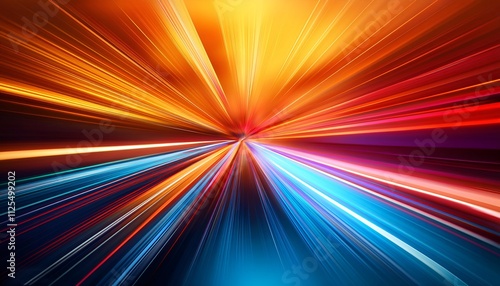 A dynamic, vibrant display of multicolored light beams creating a burst effect. This image conveys energy, speed, and movement. An abstract colorful texture with blurred streaks and motion effects photo