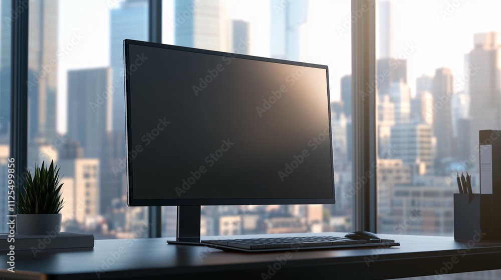 Fototapeta premium Modern Desktop Computer Setup With City View