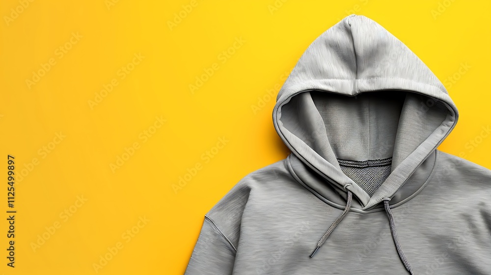 A casual grey hoodie isolated on a solid light yellow background A casual grey hoodie isolated on a solid light yellow background