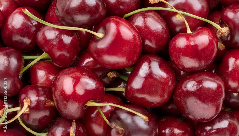 A vibrant and close-up image showcasing a pile of fresh, juicy red cherries with stems. Perfect for illustrating concepts of summer, harvest, and healthy eating with bold, natural colors, texture, bac A vibrant and close-up image showcasing a pile of fresh, juicy red cherries with stems. Perfect for illustrating concepts of summer, harvest, and healthy eating with bold, natural colors, texture, bac