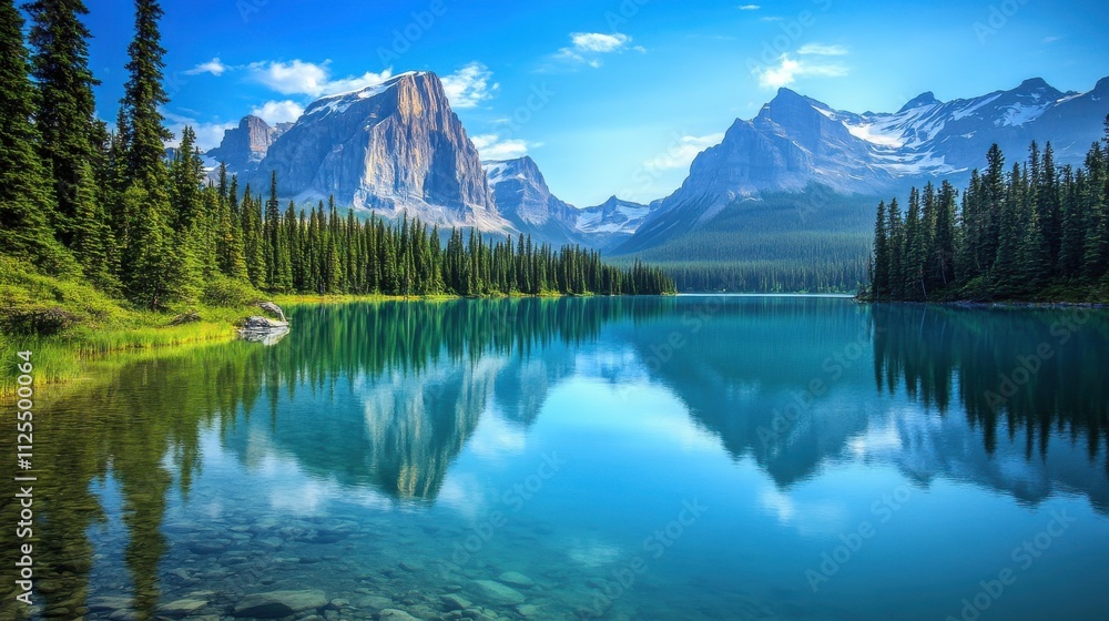 Fototapeta premium Mountain lake reflecting stunning peaks and clear blue sky.