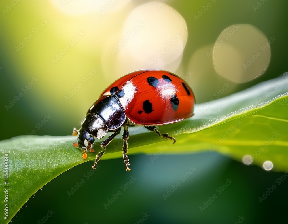 ladybug vibrant macro shot of a red bug crawling on a green leaf, with its glossy shell and delicate legs sharply focused against a soft bokeh background ladybug vibrant macro shot of a red bug crawling on a green leaf, with its glossy shell and delicate legs sharply focused against a soft bokeh background