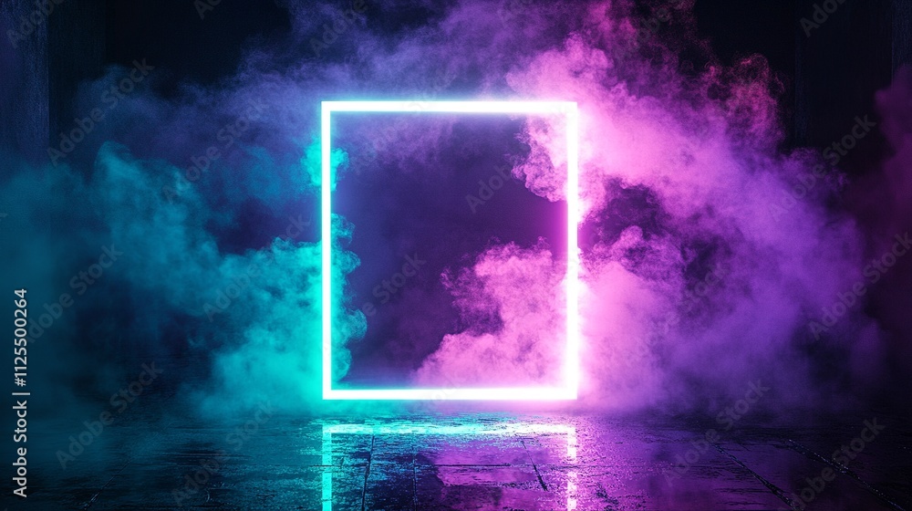 Floating neon frame with vibrant fog, glowing purple and cyan lights Floating neon frame with vibrant fog, glowing purple and cyan lights