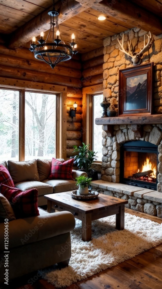 A cozy cabin living room with exposed log walls and a stone fireplace. A plush sectional sofa with plaid throw pillows faces the fire, while a reclaimed wood coffee table sits atop a fluffy white rug A cozy cabin living room with exposed log walls and a stone fireplace. A plush sectional sofa with plaid throw pillows faces the fire, while a reclaimed wood coffee table sits atop a fluffy white rug