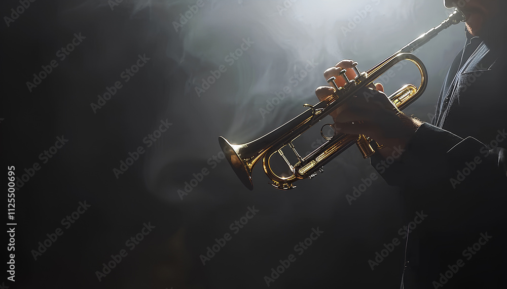 Obraz premium Professional musician playing trumpet on black background