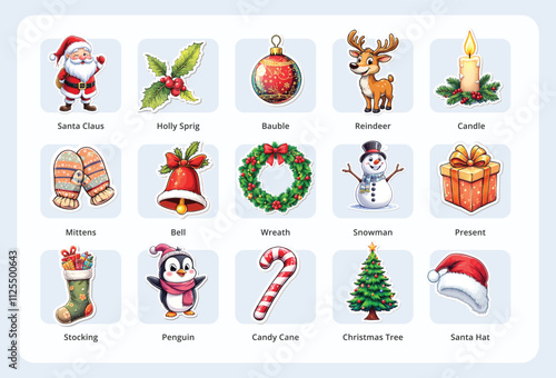 Christmas elements bundle featuring Santa, snowman, wreath, gifts, and festive icons, vector Illustration Set Collection