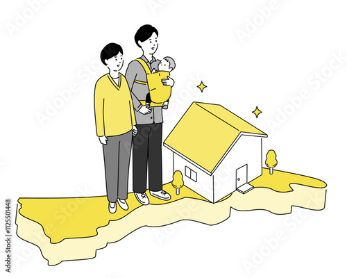 石川県の地図と若い家族・家のイラスト、ベクター